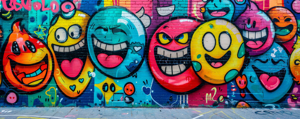 World Emoji Day background with a vibrant graffiti style, featuring emojis as street art on an urban backdrop.
