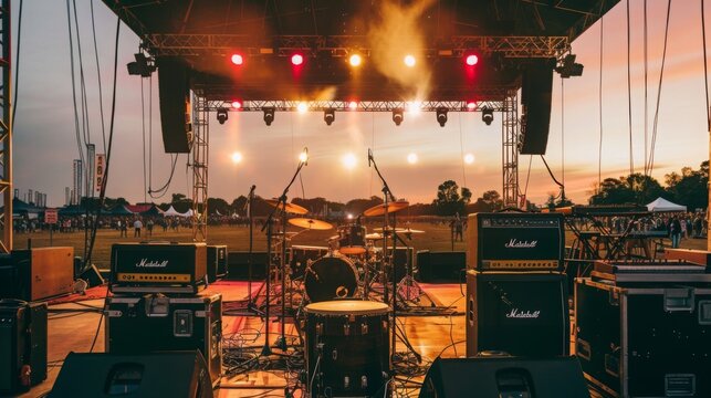 A drum set sits center stage at an outdoor concert, ready for the performance. The setting sun casts a warm glow over the audience gathered in the background. - Powered by Adobe
