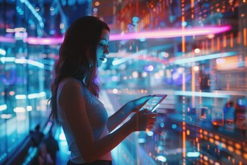 Woman with tablet in neon lights