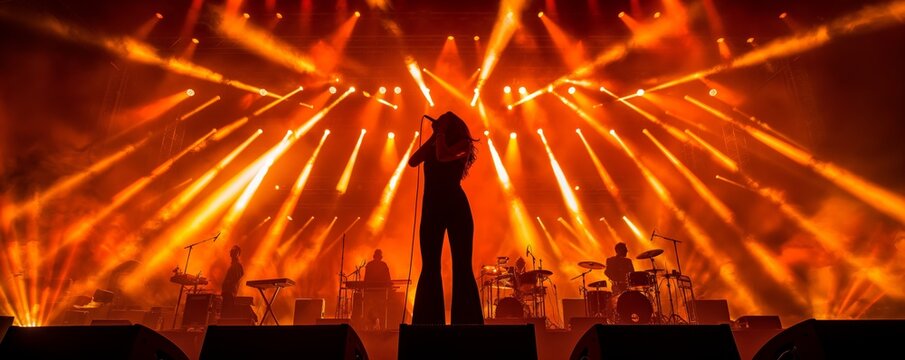 Dynamic silhouette of a female vocalist performing live with her band in a concert with vibrant stage lighting