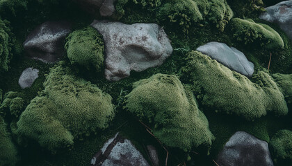 Fototapeta premium Stone surface with moss texture background. Green moody nature. Blurred backdrop.