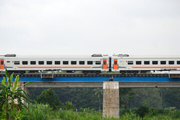 Fototapeta premium View of a passenger train moving over a railway bridge