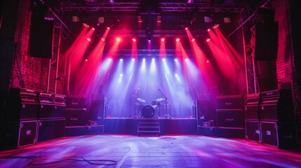 A concert stage setup with a drum kit in the center, illuminated by pink and blue spotlights. There are large speaker stacks on either side of the stage, and the stage is elevated with a small step.