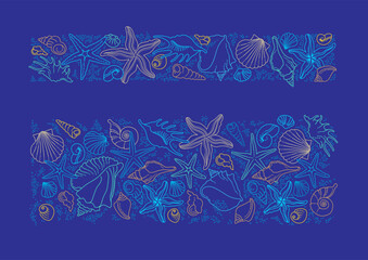 Vector frames, borders, vignettes of line art tropical sea elements, seashells, starfish. Doodles of marine life. Sea decor, scrapbook, card, decoration, design. Ocean creatures. Maritime illustration