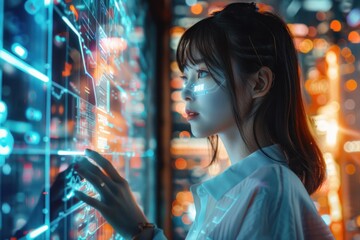 Person using glowing digital touchscreen