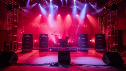An empty concert stage with red and blue lights illuminating the space. A drum set and several speakers are on the stage, ready for a performance.