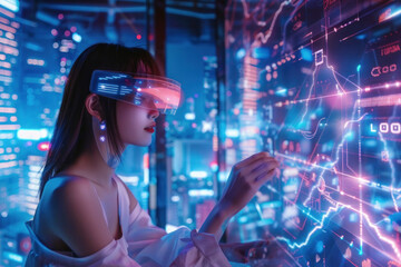 Woman interacting with holographic interface