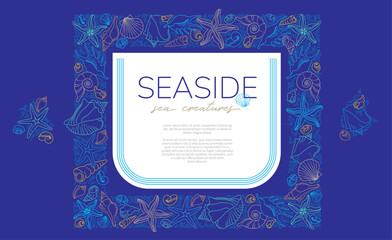 Vector frame, border, vignettes, corners of line art tropical sea elements, seashells, starfish. Doodles of marine life. Sea decor for scrapbook, card, design. Ocean creatures. Maritime illustration