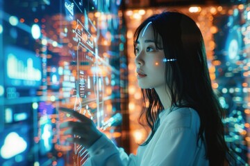 Woman interacting with futuristic interface