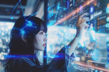 Woman with digital network overlay headshot