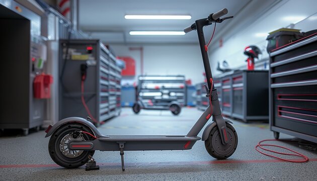 An electric scooter is neatly displayed in a clean and organized repair shop, emphasizing precision and modern technology