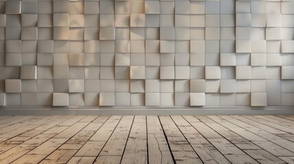 Abstract modern stage with small square ceramic tiles on wall and wooden floor neutral gradient interior for showcasing products
