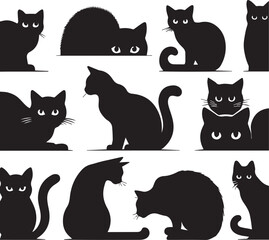 Collection of Black Cat Faces Peeking from Corners: Playful and Spying Pets - Tattoo Designs