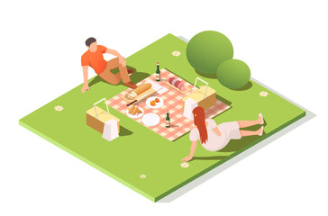 Two people having a picnic on a grassy area with baskets and food, isometric style, light background. Concept of outdoor leisure. Vector illustration