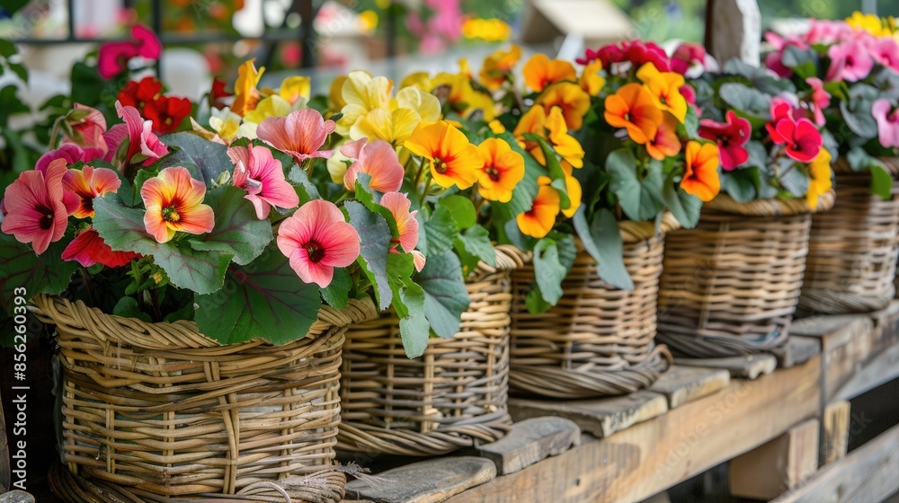 Canvas Prints Colored Begonias in Wooden Woven Baskets A Showcase of Spring and Summer Blossoms