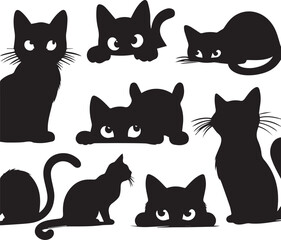 Collection of Black Cat Faces Peeking from Corners: Playful and Spying Pets - Tattoo Designs