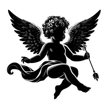 recommend clip art: Cherub cupid silhouettes, vector icons. Valentine day cupids or cherubim baby angles flying in wings for vintage retro cherub silhouettes