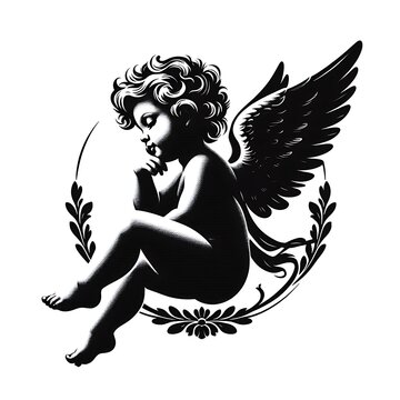 recommend clip art: Cherub cupid silhouettes, vector icons. Valentine day cupids or cherubim baby angles flying in wings for vintage retro cherub silhouettes