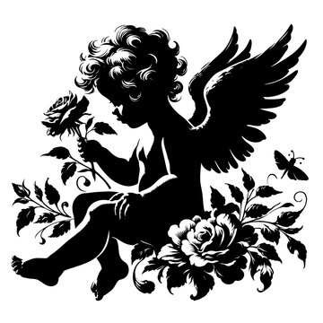 recommend clip art: Cherub cupid silhouettes, vector icons. Valentine day cupids or cherubim baby angles flying in wings for vintage retro cherub silhouettes