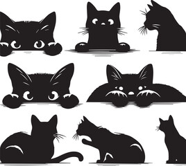 Collection of Black Cat Faces Peeking from Corners: Playful and Spying Pets - Tattoo Designs