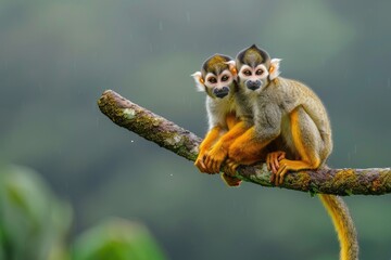 Two common squirrel monkeys Saimiri sciureus playing on a tree branch