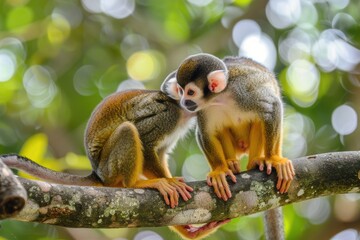 Two common squirrel monkeys Saimiri sciureus playing on a tree branch
