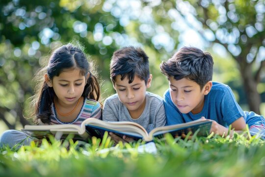 Three latin children reading a book in the park
