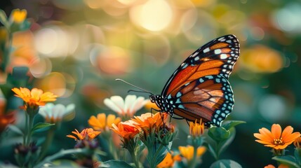 Monarch Butterfly on Orange Flowers in a Sunlit Garden