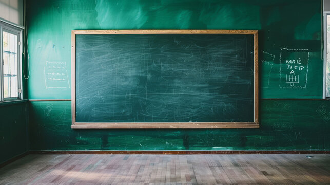 Blackboard. Back to school. Old green school board in an empty poor school classroom. Background for design.