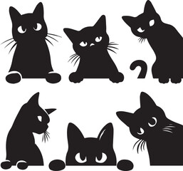 Collection of Black Cat Faces Peeking from Corners: Playful and Spying Pets - Tattoo Designs