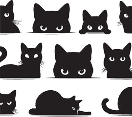 Collection of Black Cat Faces Peeking from Corners: Playful and Spying Pets - Tattoo Designs