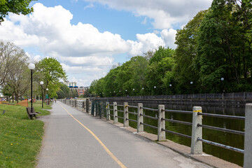 Ottawa, Canada - May 16, 2024: Bicycle lane along Rideau Canal