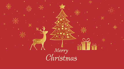 Christmas tree, deer and presents, simple golden line drawing, red background, text "Merry Christmas", flat design, banner, golden lettering. Christmas greeting card, elegant, exclusive design