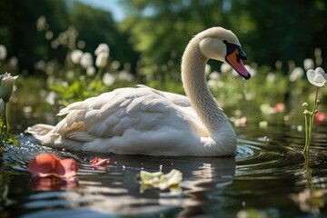 Elegant swan slides in serene lake at sunset., generative IA
