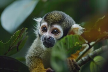 Naklejka premium Look at Squirrel monkey in ecuadorian jungle in amazon