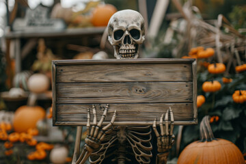 Halloween background with skeleton with empty wooden sign for design. Halloween background.