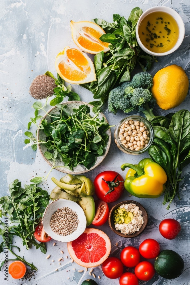 Wall mural top view of a vibrant and healthy meal setup with a variety of fruits, vegetables, and superfoods. i