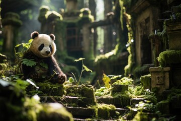 Obraz premium Serene panda next to the temple in ruins, wrapped by mystical nature., generative IA
