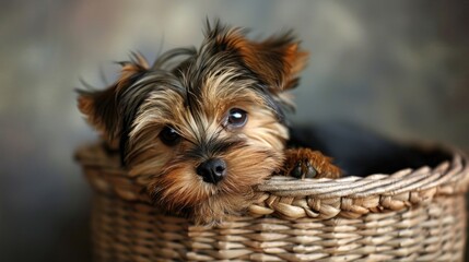 A Yorkshire terrier puppy rests in a basket - Powered by Adobe