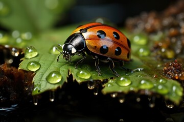 Ladybug explorer in dew jungle., generative IA