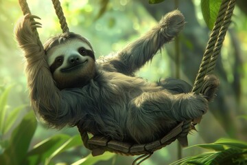 Fototapeta premium A charming sloth lounging on a swing, its slow movements captured in perfect stillness.
