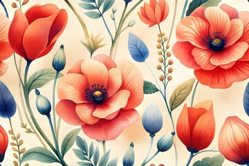 Vibrant watercolor poppy pattern