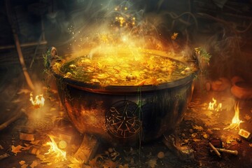 A cauldron bubbling over an open fire, surrounded by strange ingredients and mystical symbols.