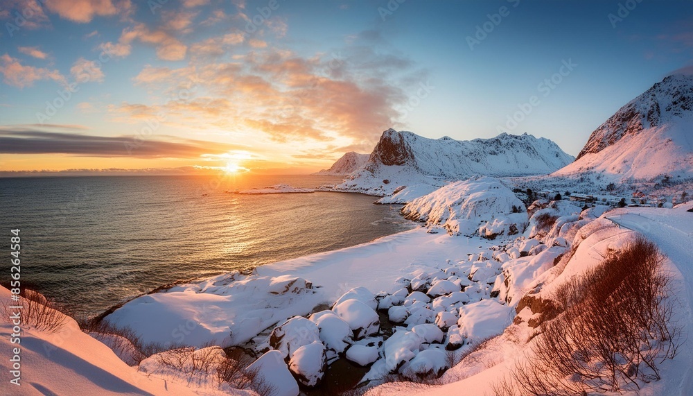 Wall mural winter landscape with coastline and snow at sunset