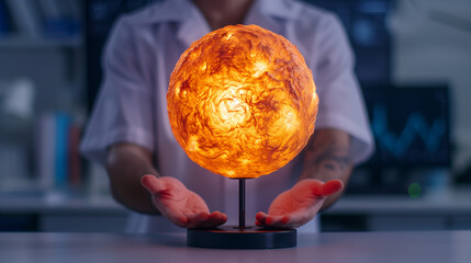 Artificial sun floating above scientist open hands, concept of artificial sun and harnessing energy of the sun