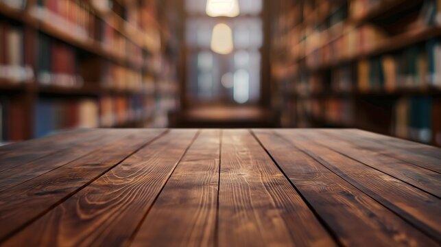 a close up of a rustic empty wooden table with blurred library background