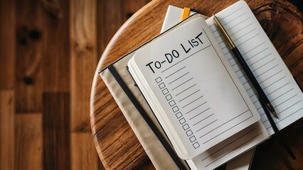 an open notebook with a “To-Do List” header and blank lines featuring checkboxes on a wooden surface, suggesting organization and planning. 