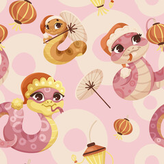 Cute snakes with Santa hats and umbrellas on a pink background with lanterns. Vector illustration