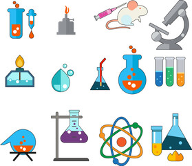Lab Equipment Icons Set, Science symbol, lab, laboratory, equipment, instrument, mouse, animal, syringe, injection, microscope, lens, magnifying, bubble, water, liquid, test, tube, heating, flask, bea