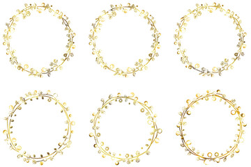 Fototapeta premium Set of six gold ornate floral wreaths, intricately designed with flowers and leaves, isolated on white background. Decorative frame design concept.